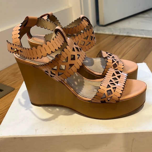 Chloé Aliseo Laser Cut Calf Wedge Sandals in Beige - Picture 1 of 10